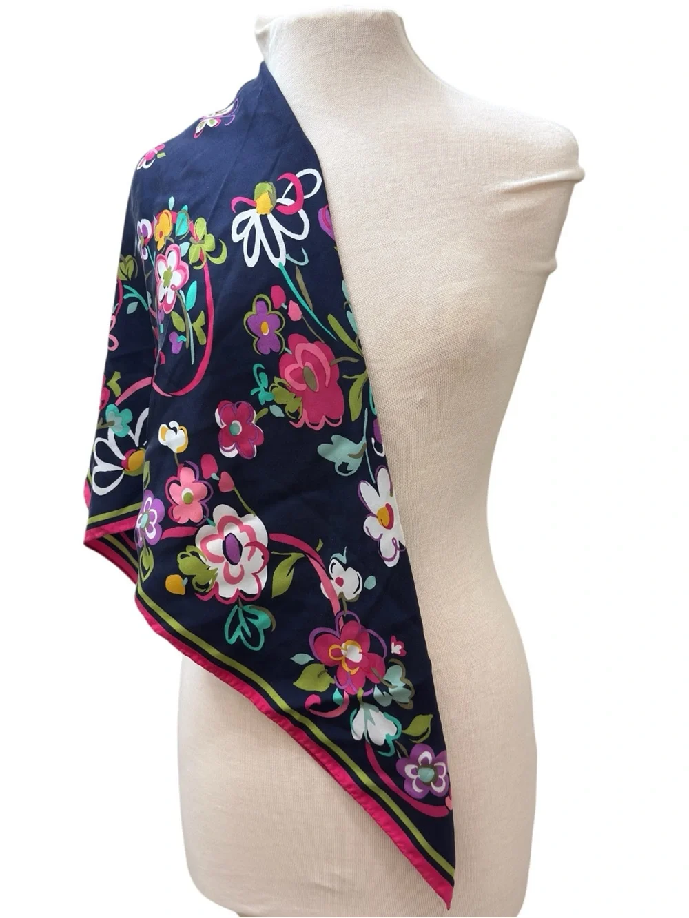 Vera Bradley Large Square Floral Scarf Navy Pink 33” Vivid Print
